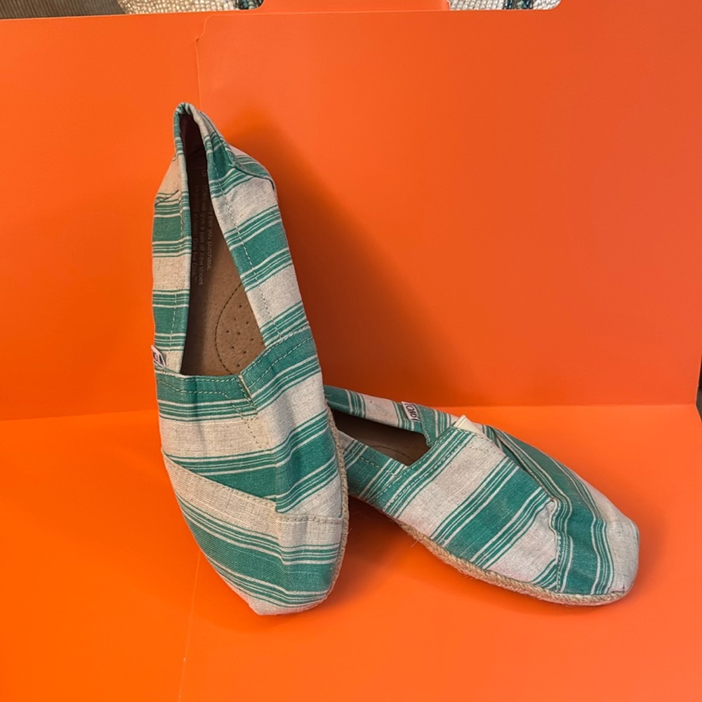 Toms Green and White Striped Flats